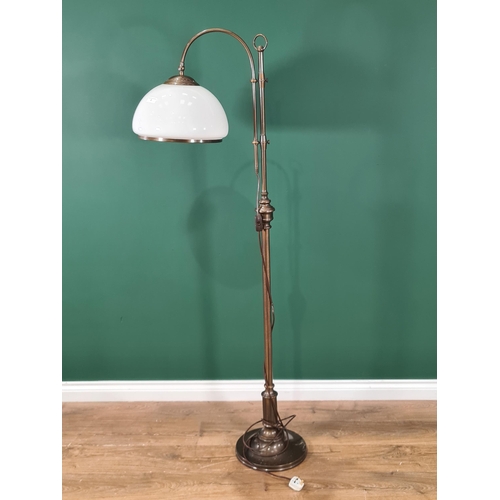 6 - A modern bronzed effect Standard Lamp with white glass globe shade, passed PAT, (R3).