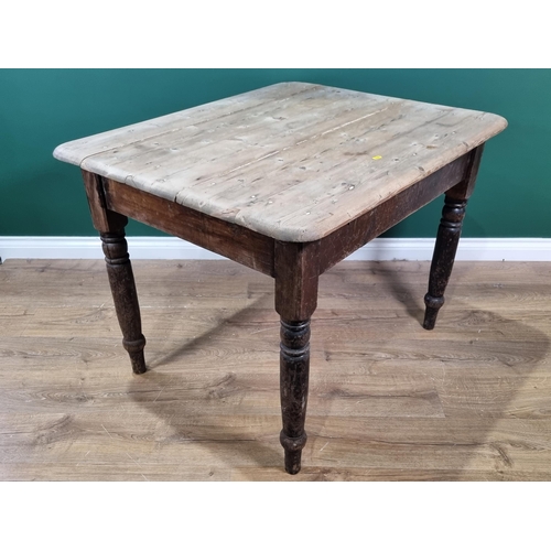 634 - An antique pine scrub-top Kitchen Table on turned supports, 3ft 5in x 2ft 9in (R2)