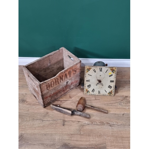 689 - A Dornat's Mineral Water wooden Crate, two leather working Tools and a Longcase Clock Dial bearing i... 