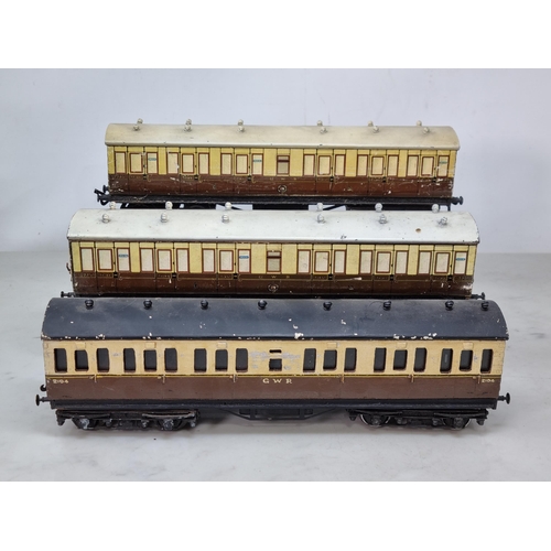 1274 - Three 0 gauge wooden bodied G.W.R. Coaches including two 1st/3rds, G