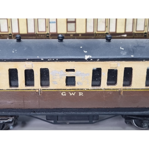 1274 - Three 0 gauge wooden bodied G.W.R. Coaches including two 1st/3rds, G