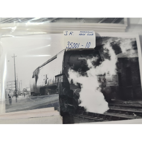 1277 - A box of Railway Photographs including S.R. 'N', 'U', Merchant Navy, West Country Classes. B.R. Stan... 