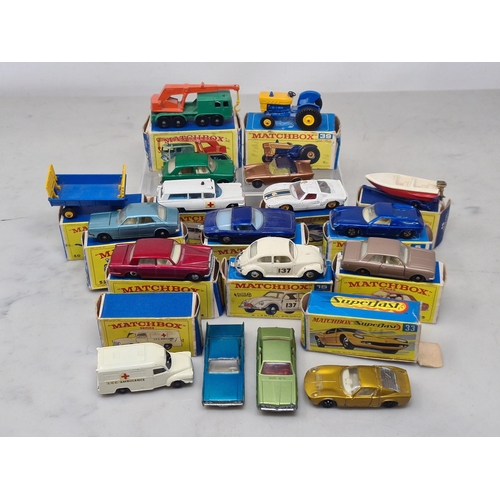 1368 - Fourteen boxed Matchbox Models including No.39 Ford Tractor, No.30 Crane, No.14 Iso Grifo, No.54 Amb... 