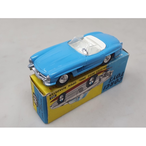 1480 - A boxed Corgi Toys No.303 blue Mercedes-Benz 300SL open Roadster, M, box Ex