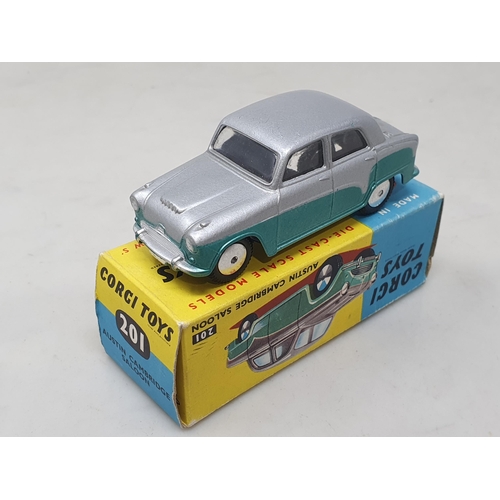 1484 - A boxed Corgi Toys No.201 silver over green Austin Cambridge Saloon, M, box Ex plus