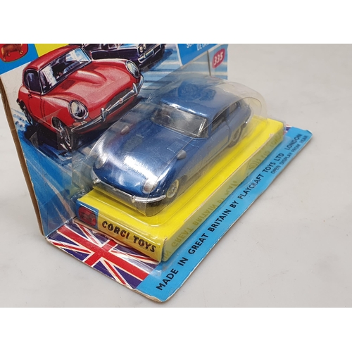 1494 - A boxed Corgi Toys No.335 blue Jaguar E-type in blister pack, Ex, box Ex plus