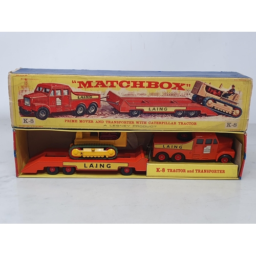 1507 - A boxed Lesney-Matchbox K-8 Prime Mover and Transporter with Caterpillar Tractor, Ex plus, box Ex