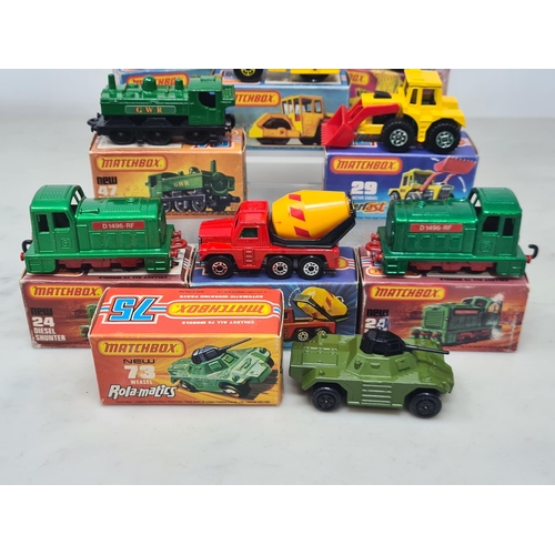 1510 - Nin boxed Matchbox Superfast Models including No.19 Cement Truck, 2x No.24 Diesel Shunter, No.29 Tra... 