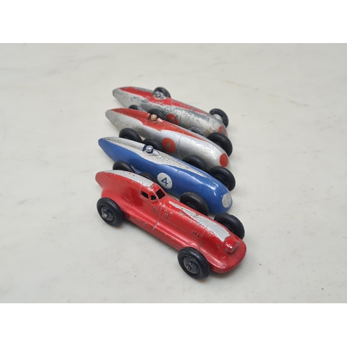 1523 - Three Dinky Toys No.23 pre-war Racing Cars and a 23b Hotchkiss Racing Car, F-G