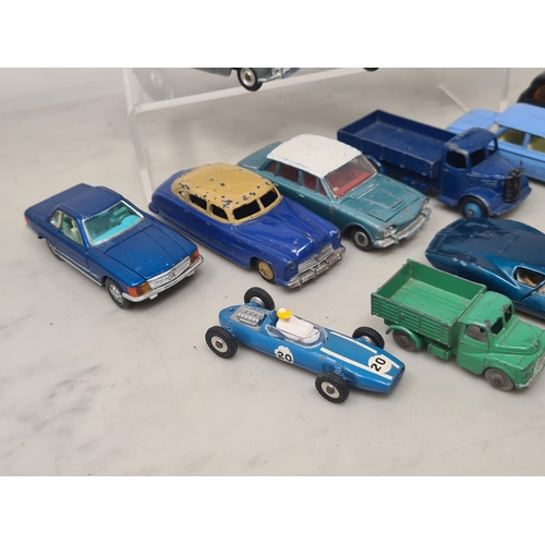 1525 - Thirteen play worn Dinky and Corgi Toys including Mercedes-Benz 350SL, Hudson Sedan, Triumph 2000, C... 