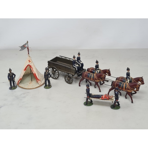 1608 - A Britains No.145 pre-war Royal Army Medical Corps four horse Cart with two Drivers, two standing Se... 