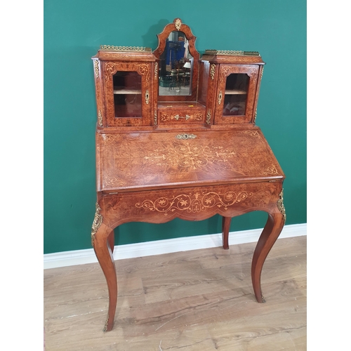 458 - A burr walnut and marquetry Bonheur-Du-Jour the raised back with shaped mirror flanked by pair of gl... 