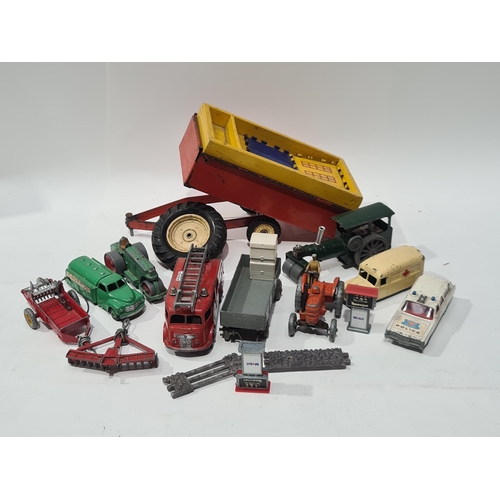 1602 - A box containing an unboxed Dinky Toys Castrol Tanker, Daimler Ambulance, Roller, Field Major Tracto... 