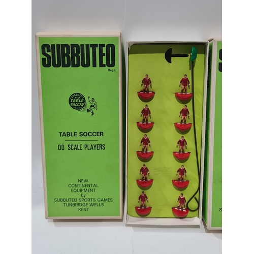 1629 - Three Subbuteo Table Soccer Teams including red (goalkeeper A/F), white (one player A/F) and red and... 