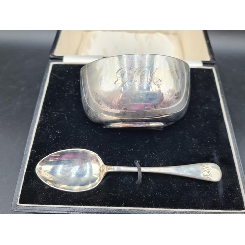 129 - A George V silver circular Christening Bowl engraved initials, Birmingham 1932, and a Spoon, Birming... 