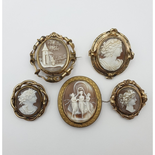 25 - A group of five Shell Cameo Victorian Mourning Brooches, four of them with swivel parts