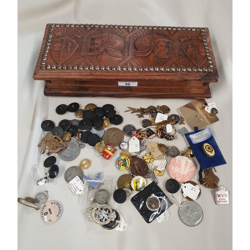 30 - A carved wooden box of vintage Pins, Brooches, Military Buttons and Commemorative Coins