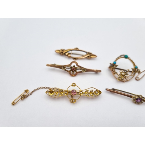 5 - A collection of Five Victorian Brooches including a 15ct gold Bar Brooch set tourmaline and split pe... 