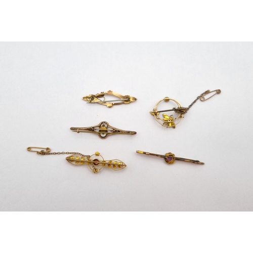 5 - A collection of Five Victorian Brooches including a 15ct gold Bar Brooch set tourmaline and split pe... 