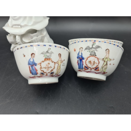 53 - A blanc de chine Figure of Quan Yin, 16in, and four Chinese polychrome Tea Bowls painted figures, bi... 