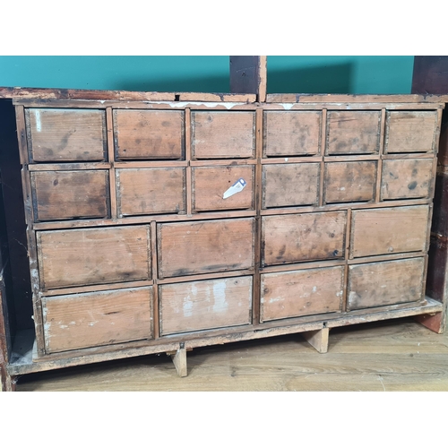 62 - A bank of twenty stained Apothecary Drawers with pigeon hole type top section, 3ft High x 4ft 1