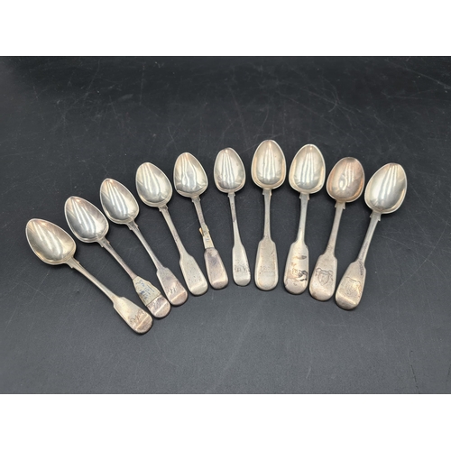 90 - Ten 19th century silver Teaspoons fiddle pattern engraved initials, various dates, sizes and makers