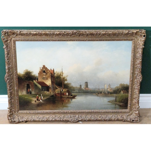 516 - DUTCH SCHOOL, MID 19th CENTURY. A Tranquil Dutch canal scene with figures and hay barge, a windmill ... 