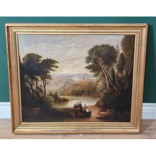 517 - ENGLISH SCHOOL CIRCA 1840. A wooded river landscape with figures on a path in the foreground, oil on... 