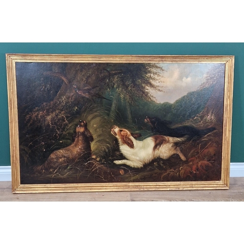 523 - J. LANGLOIS (1855-1904) Spaniels flushing a pheasant from undergrowth, signed, oil on canvas, 25 x 2... 