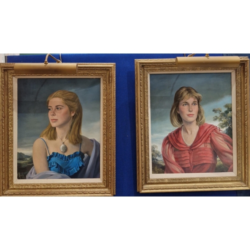 525 - CARLOS LUIS SANCHA (1920-2001). Portraits of two Sisters, both quarter length, wearing blue and red ... 