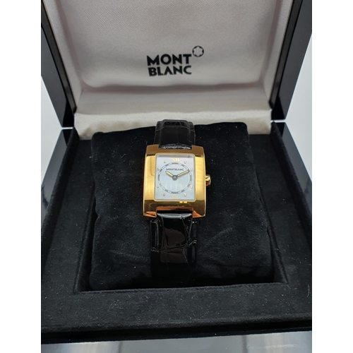 135 - A lady's Mont Blanc 'Profile' quartz Wristwatch the rectangular mother of pearl dial with applied go... 