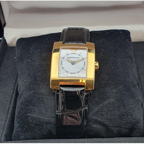 135 - A lady's Mont Blanc 'Profile' quartz Wristwatch the rectangular mother of pearl dial with applied go... 