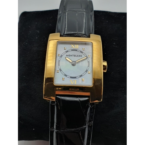 135 - A lady's Mont Blanc 'Profile' quartz Wristwatch the rectangular mother of pearl dial with applied go... 