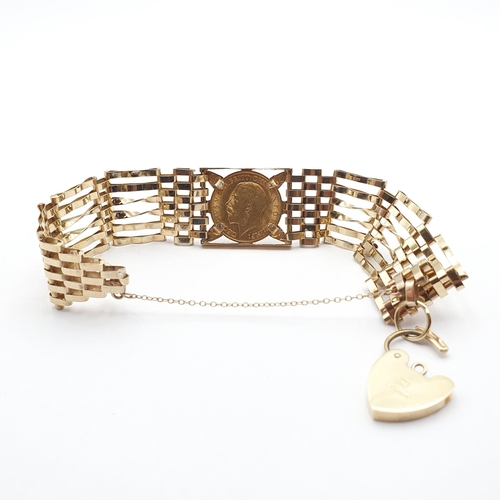 139 - A 9ct gold Gate-link Bracelet with heart padlock clasp set with a George V 1911 half sovereign, appr... 