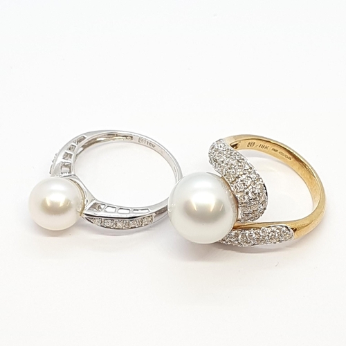 220 - Two Cultured Pearl and Diamond Rings one set in 18ct yellow and white gold, ring size M 1/2, approx ... 