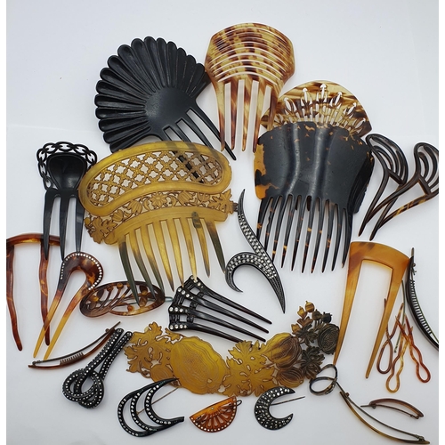 265 - A collection of tortoiseshell type Hair Combs including a finely carved Manilla Hair Comb and a sele... 