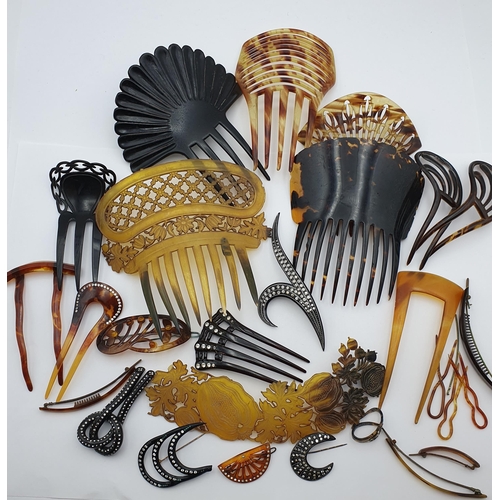 265 - A collection of tortoiseshell type Hair Combs including a finely carved Manilla Hair Comb and a sele... 