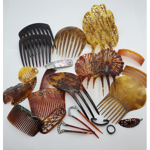 266 - A collection of Tortoiseshell-type Hair Combs including two pairs of Spanish style hair combs and di... 