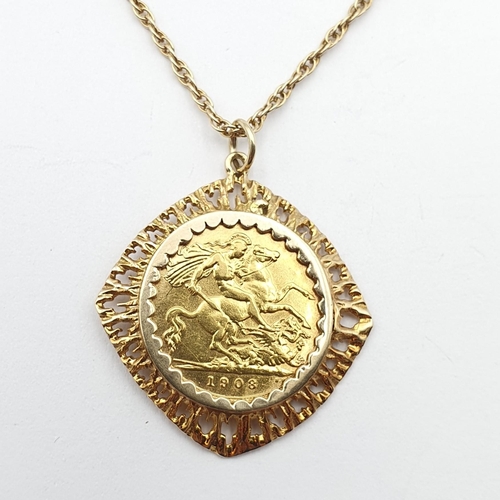 278 - An Edward VII 1908 Half-sovereign in modern 9ct gold pendant mount on 9ct gold chain, approx 9.5gms ... 