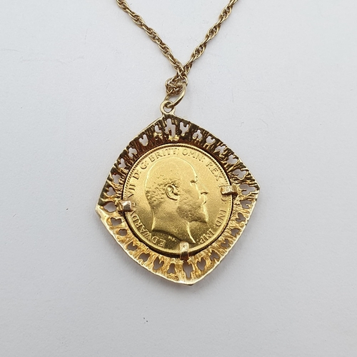 278 - An Edward VII 1908 Half-sovereign in modern 9ct gold pendant mount on 9ct gold chain, approx 9.5gms ... 