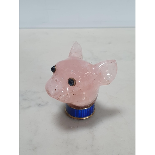 254 - A carved rose quartz Walking Cane Handle in the form of a French Bulldog, with inset cabachon sapphi... 