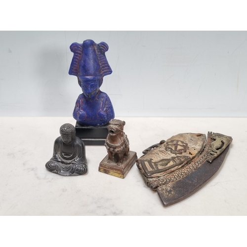 260 - A lapis type figure of Pharaoh on an oblong base, an Eastern belt buckle/bag handle? a small figure ... 