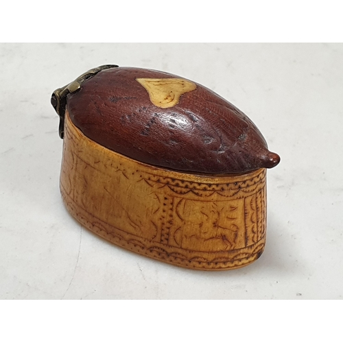 262 - A bone and nut lidded Snuff Box with brass hinge, inset heart to lid, three treen inlaid Shoe Snuff ... 