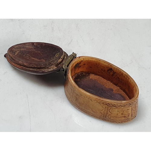 262 - A bone and nut lidded Snuff Box with brass hinge, inset heart to lid, three treen inlaid Shoe Snuff ... 