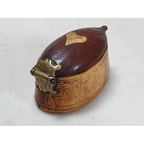 262 - A bone and nut lidded Snuff Box with brass hinge, inset heart to lid, three treen inlaid Shoe Snuff ... 