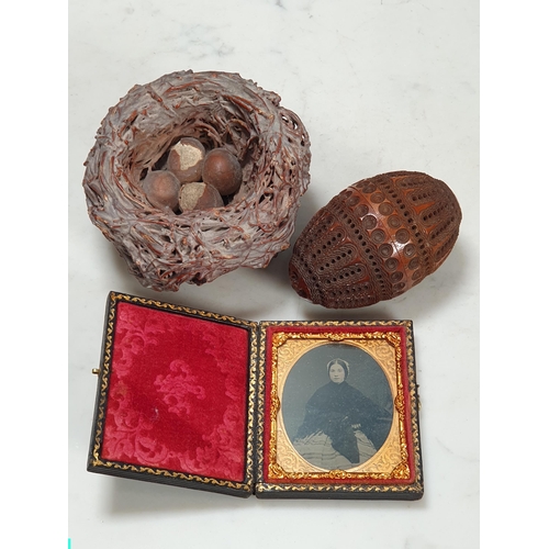 263 - A daguerreotype photograph in folding case, a pierced and carved egg shape nut and a decorative bird... 