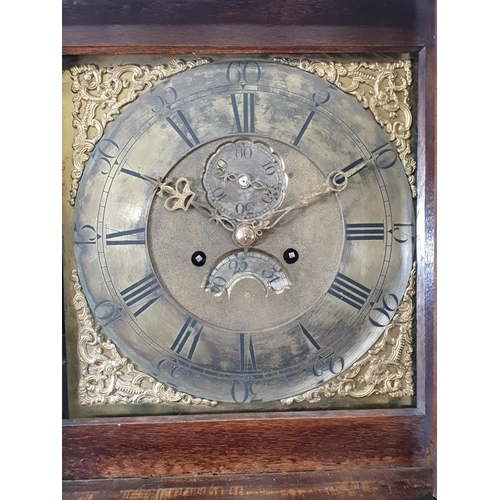 284 - An 18th Century oak Longcase Clock with square brass dial having two subsidiary dials and with eight... 