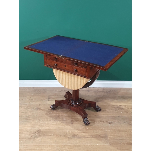 321 - A 19th Century rosewood Sewing/Card Table with foldover top, fitted two frieze drawers above a slide... 