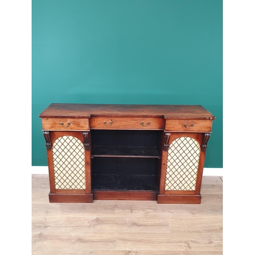 322 - A 19th Century rosewood Side Cabinet, the inverted breakfront fitted three frieze drawers above an o... 