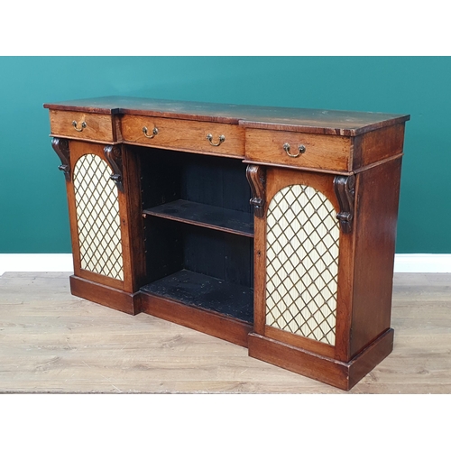 322 - A 19th Century rosewood Side Cabinet, the inverted breakfront fitted three frieze drawers above an o... 